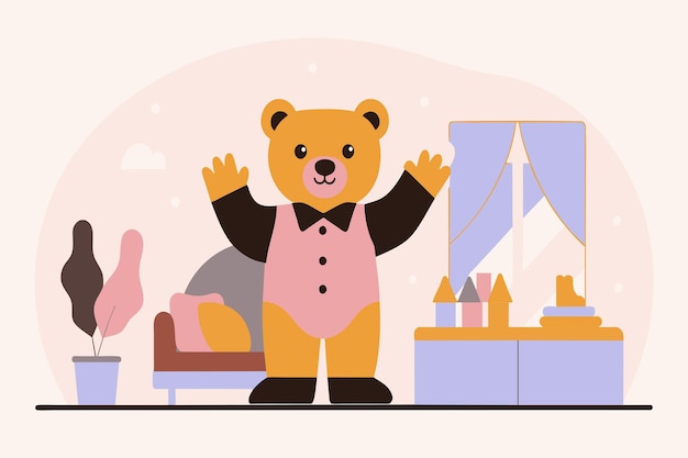 Vector a cheerful cartoon bear waves hello in a stylish room