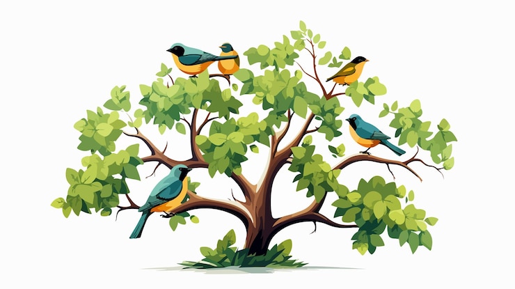 Vector cheerful cartoon birds sitting on vibrant green tree branches