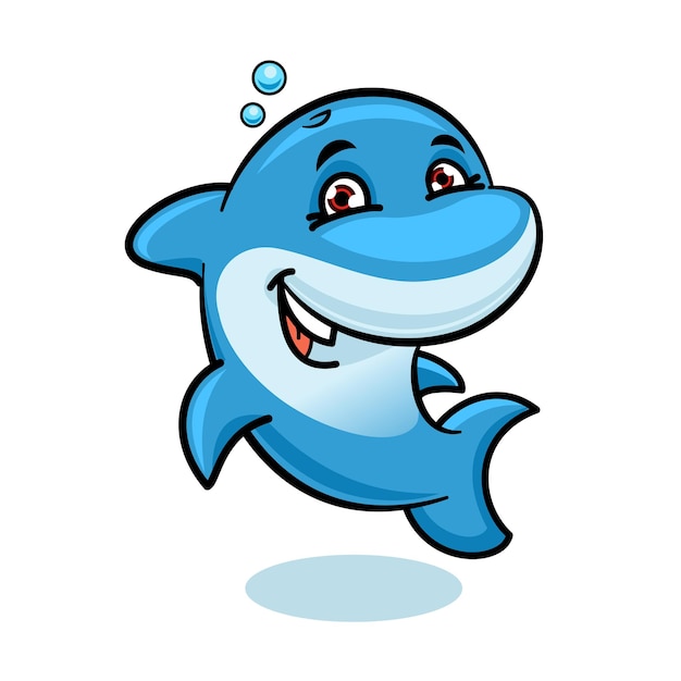 Cheerful cartoon bright blue atlantic bottlenose dolphin character showing tricks and playing in the water. marine animals show or summer vacation symbol, sea life theme design