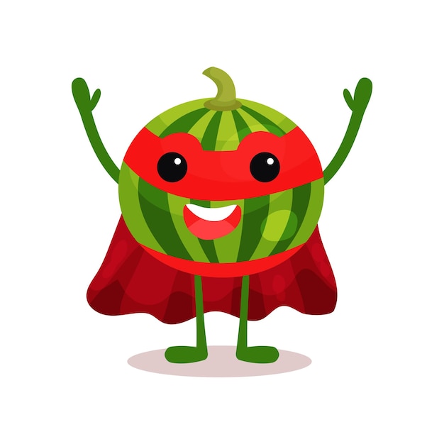 Cheerful cartoon character of watermelon superhero fruit standing with hands up. dressed in red cape, pants and mask. vector illustration isolated on on white. good for print, card, sticker or badge.