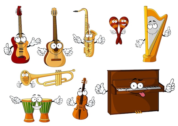 アフリカのジャンベドラム、アップライトピアノ、ハープ、メキシコのマラカス、トランペット、サックス、バイオリン、白い背景で隔離のギターと陽気な漫画の古典的な楽器のキャラクター