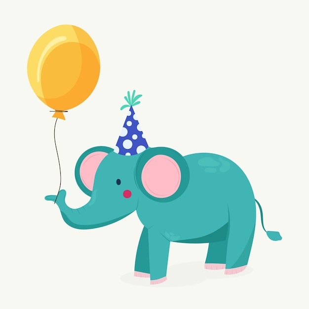 Illustrazione allegra di un elefante in cartone animato su uno sfondo isolato con un palloncino giallo vibrante
