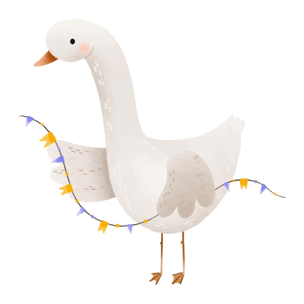 Vector cheerful cartoon goose with festive colored garlands illustrati