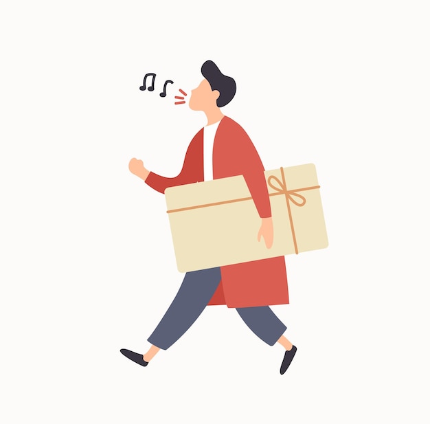 Cheerful cartoon guy carrying gift box with ribbon enjoying sale vector flat illustration. Happy colored male sing song hold present isolated on white background. Positive buyer man having fun.