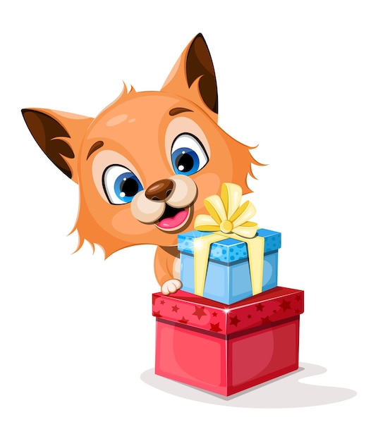 Cheerful cartoon little fox near gift boxes