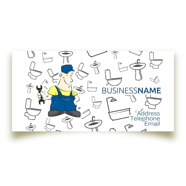 Cheerful cartoon plumber in uniform Business card concept for plumber