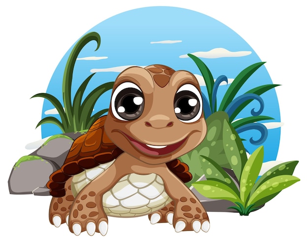 A cheerful cartoon turtle is standing near plants and rocks in a