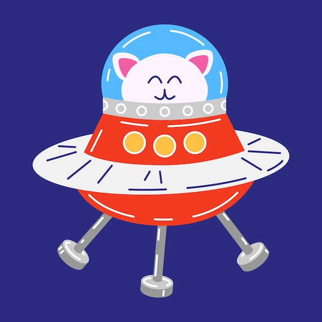 Cheerful cat character in a flying saucer Vector illustration of a cat mascot in a flying saucer in