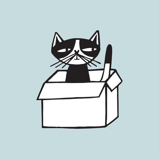 Allegro gatto seduto in scatola di cartone contro l'azzurro