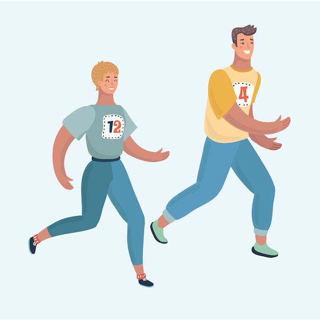 Cheerful caucasian couple running together. Man and woman are runners or joggers. They practicing a jogging.  