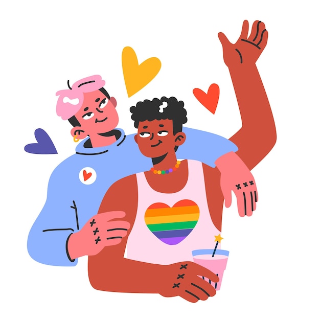 Vector cheerful characters with rainbow flags celebrate pride month lgbtq