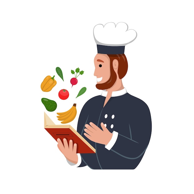 Chef allegro con un libro di cucina illustrazione vettoriale di uno chef in uniforme blu che rappresenta come cucinerà perfetto per un poster di un ristorante sul sito web o la copertina di un libro