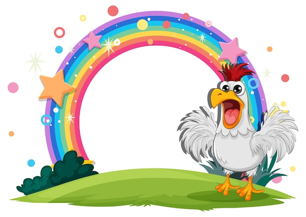 Vector cheerful chicken under a magical rainbow