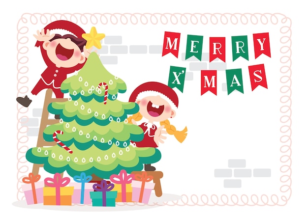 Cheerful children and christmas tree illustration vector