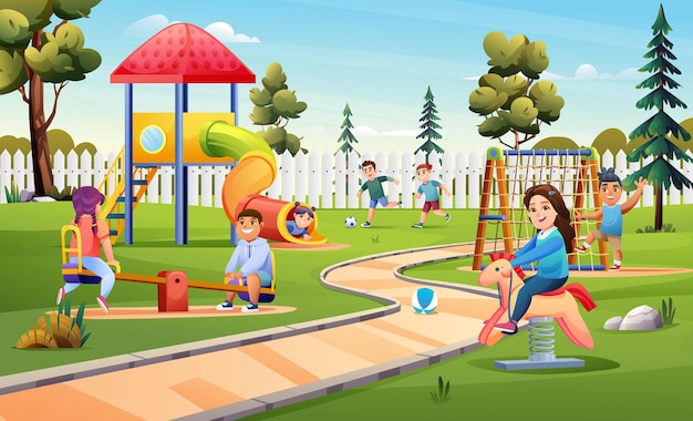 Cheerful children playing on playground cartoon illustration