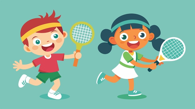 Cheerful children playing tennis active kids sport vector illustration