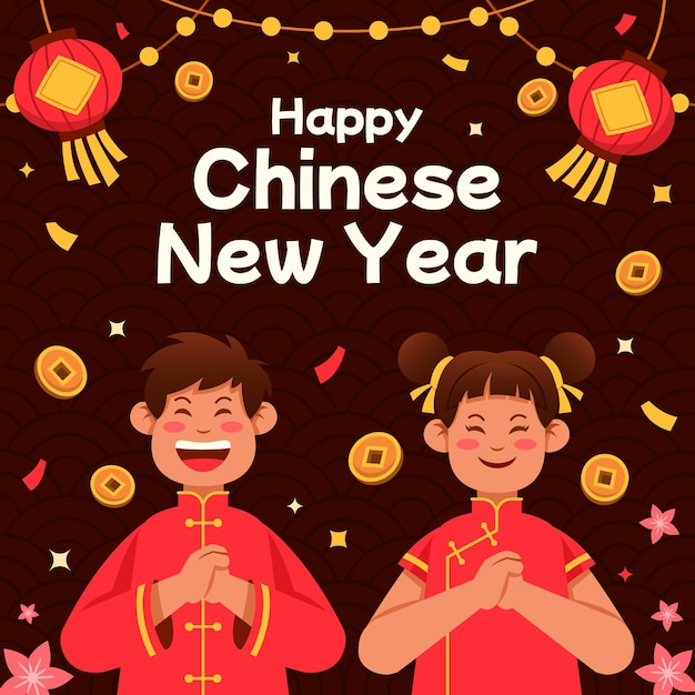 Vector cheerful chinese couple give greetings