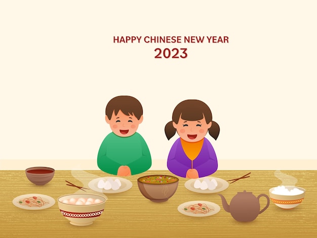 Vector cheerful chinese sitting in front of delicious meals on the occasion of happy chinese new year 2023