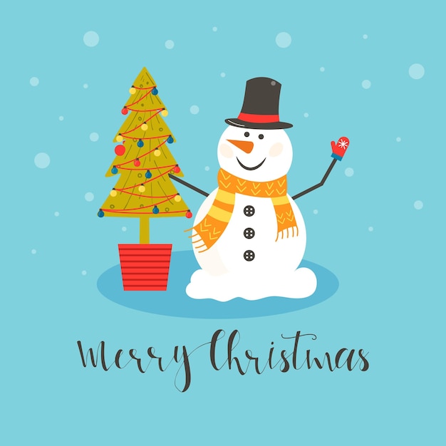 Веселые рождественские снеговики с разными подарками. Забавный снежный человек в шляпе, шарфе с деревом. Праздничные счастливые рождественские праздники милые персонажи, набор плоских векторных мультфильмов.