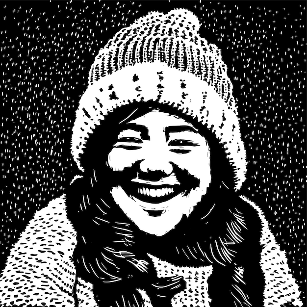 벡터 겨울 비니 모자 손으로 그린 만화 스티커 아이콘 개념 그림에 쾌활한 통통한 소녀