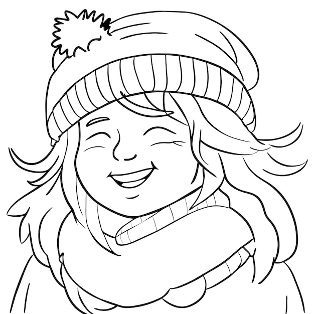 Ragazza paffuta allegra nell'illustrazione disegnata a mano di concetto dell'icona dell'autoadesivo del fumetto del cappello del berretto di inverno