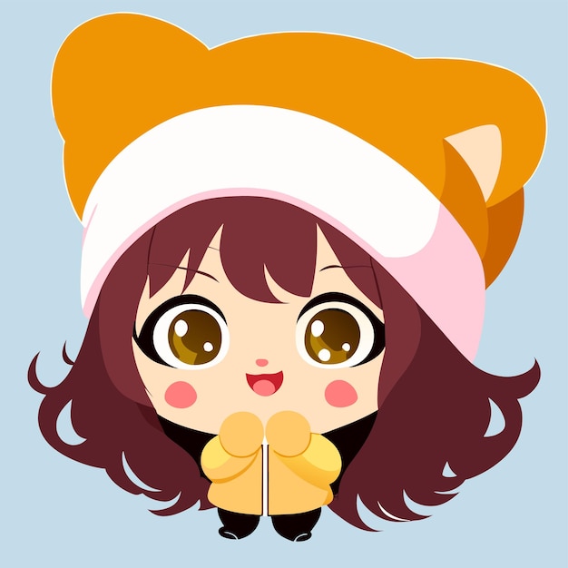 Cheerful chubby girl in winter beanie hat hand drawn cartoon sticker icon concept illustration