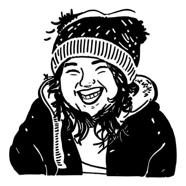 Vettore ragazza paffuta allegra nell'illustrazione disegnata a mano di concetto dell'icona dell'autoadesivo del fumetto del cappello del berretto di inverno