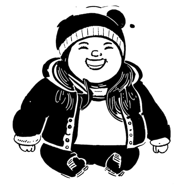 Vector cheerful chubby girl in winter beanie hat hand drawn cartoon sticker icon concept illustration