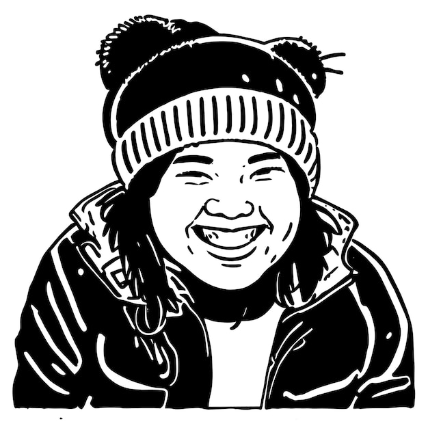 Cheerful chubby girl in winter beanie hat hand drawn cartoon sticker icon concept illustration