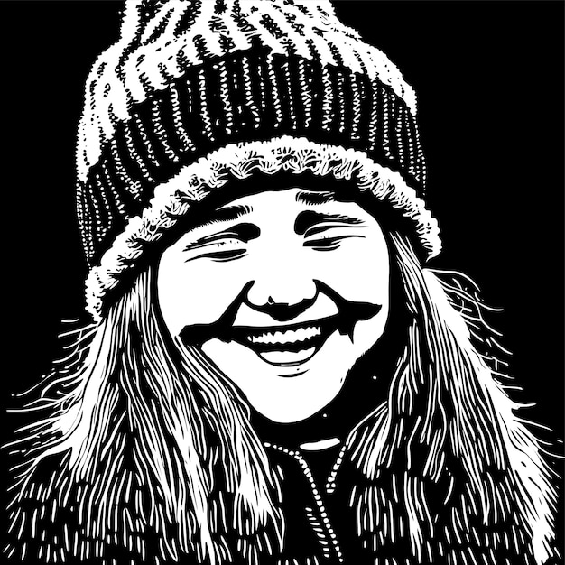 Vector cheerful chubby girl in winter beanie hat hand drawn cartoon sticker icon concept illustration