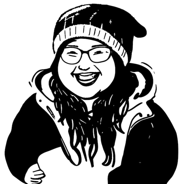Vector cheerful chubby girl in winter beanie hat hand drawn cartoon sticker icon concept illustration