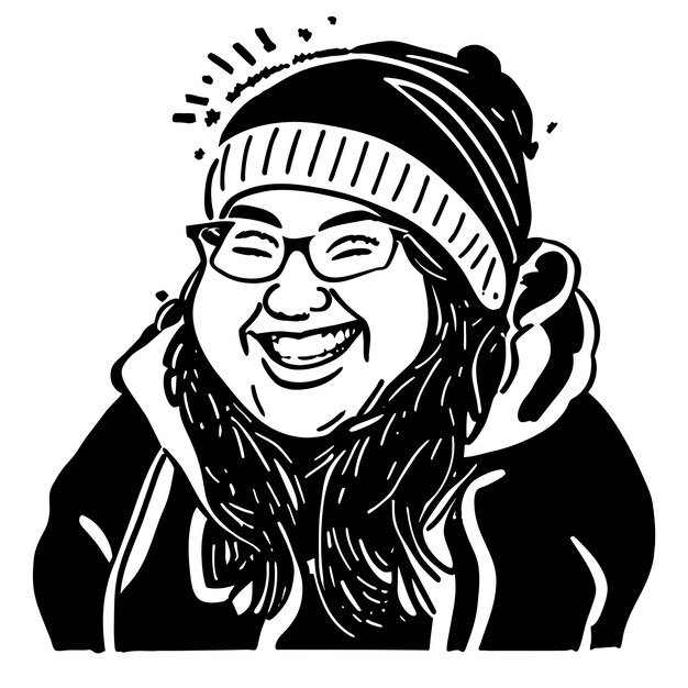 Cheerful chubby girl in winter beanie hat hand drawn cartoon sticker icon concept illustration