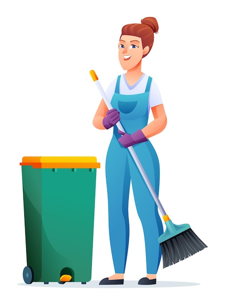 ほうきとゴミ箱を持つ陽気な掃除婦。女性用務員の漫画のキャラクター