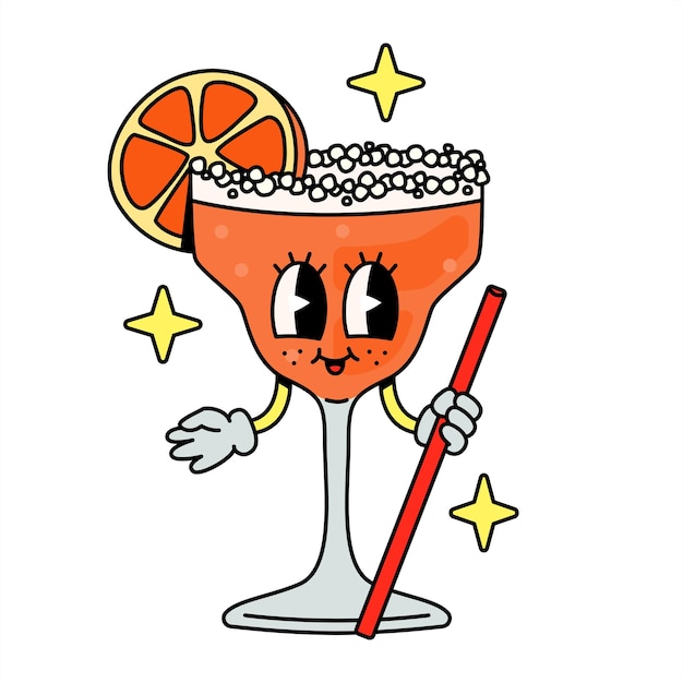 Cheerful cocktail character with a drinking tube Cartoon groovy style