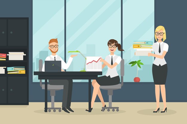 Vector cheerful collegues working in office people at business meeting vector illustration