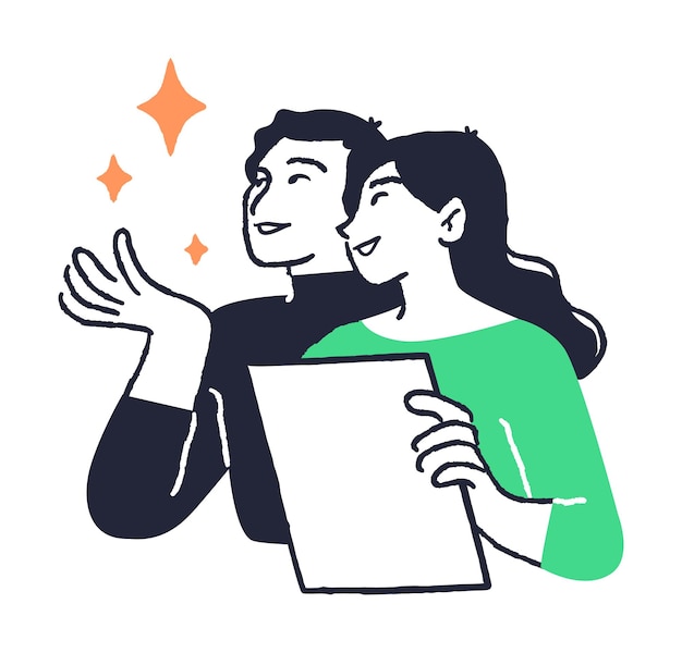 Cheerful couple planning together with paper