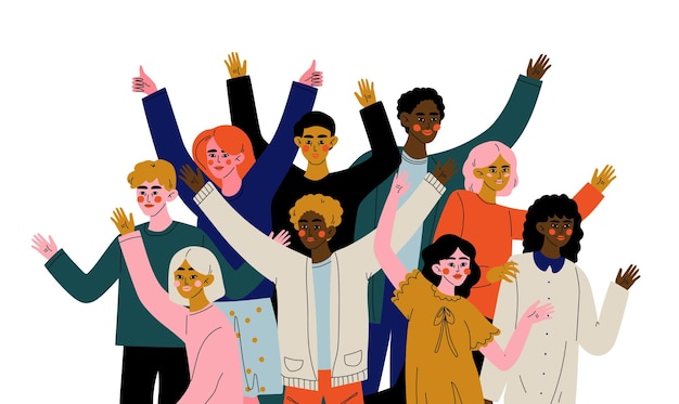 Vector cheerful crowd of people of different nationalities happy young men and women standing together social diversity vector illustration web design