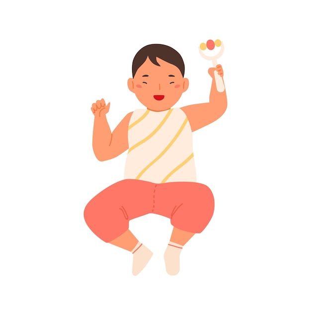 ベクトル ガラガラベクトルフラットイラストを保持して横たわっている陽気なかわいい赤ちゃん。白で隔離の揺れるおもちゃを笑っている面白い幼児。ハンドルの上面図で騒々しいプラスチックのおもちゃを遊んでいる愛らしい幸せな子供。