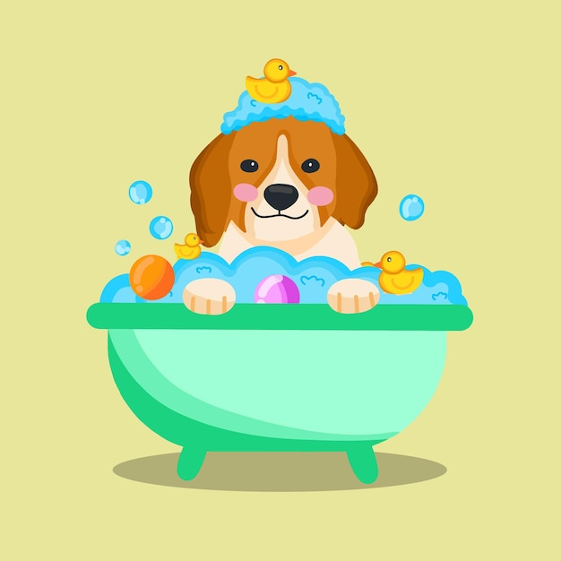 cheerful cute dog in bathtub