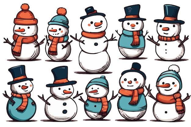 Cheerful cute happy snowmen in cap and scarf set sketch hand drawn vector illustration isolated on