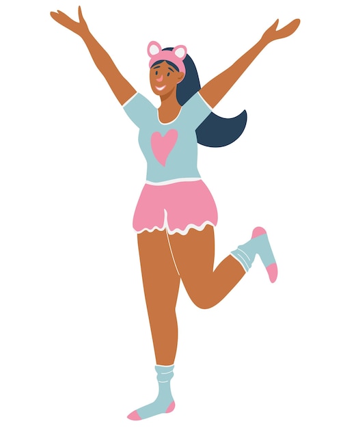 Vector a cheerful darkskinned girl is standing in full growth in her night pajamas