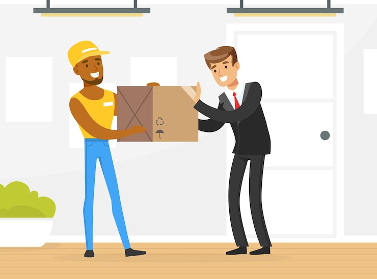 Vector cheerful delivery man giving cardboard box to male customer standing at door of his home delivery