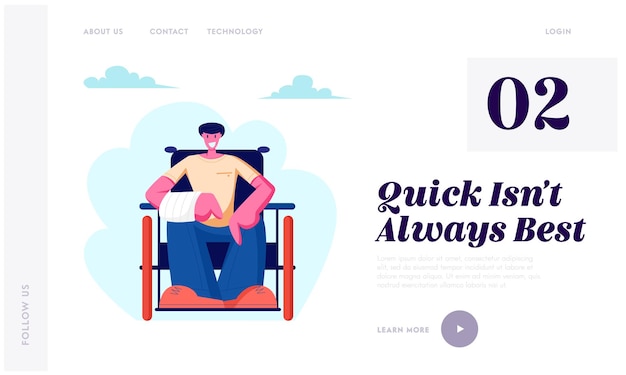 Cheerful Disabled Man with Broken Hand Sitting on Wheelchair Walking Outdoor, Motivation, Handicapped Person Enjoying Full Life Website Landing Page