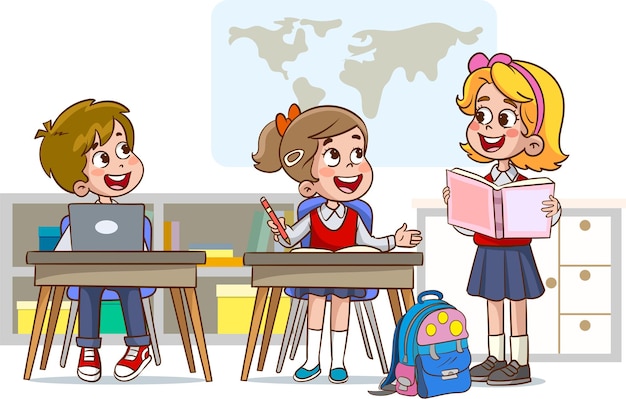 Веселые разноплановые дети в школьной форме разговаривают, сидя за столами, наслаждаясь включением уроков в образование