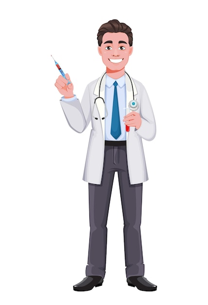Cheerful doctor cartoon character isolated on white