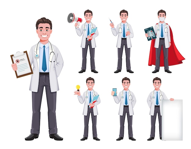 Vector cheerful doctor cartoon character set of seven poses