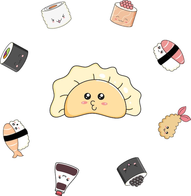 Vector cheerful dumpling surrounded by sushi