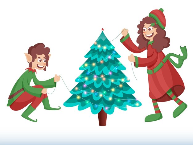 Cheerful Elf And Girl Decorated Xmas Tree From Lighting Garland On White Background