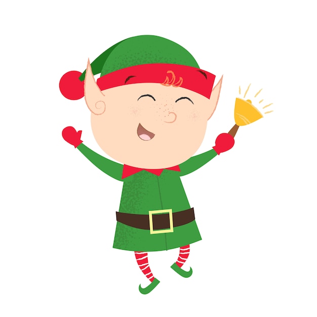 Vector cheerful elf ringing bell