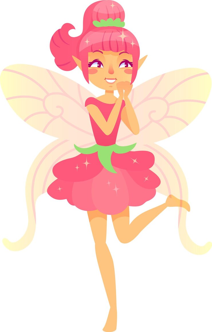 Vector cheerful fairy with pink hair flower dress and insect wings clapping with joy in cartoon illustration